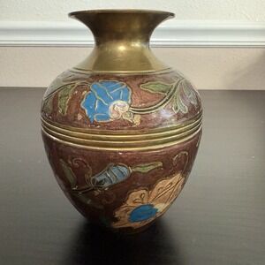 Vintage Brass Vase Floral Design Enameled Hand Painted Flowers‎ India Bud Vase